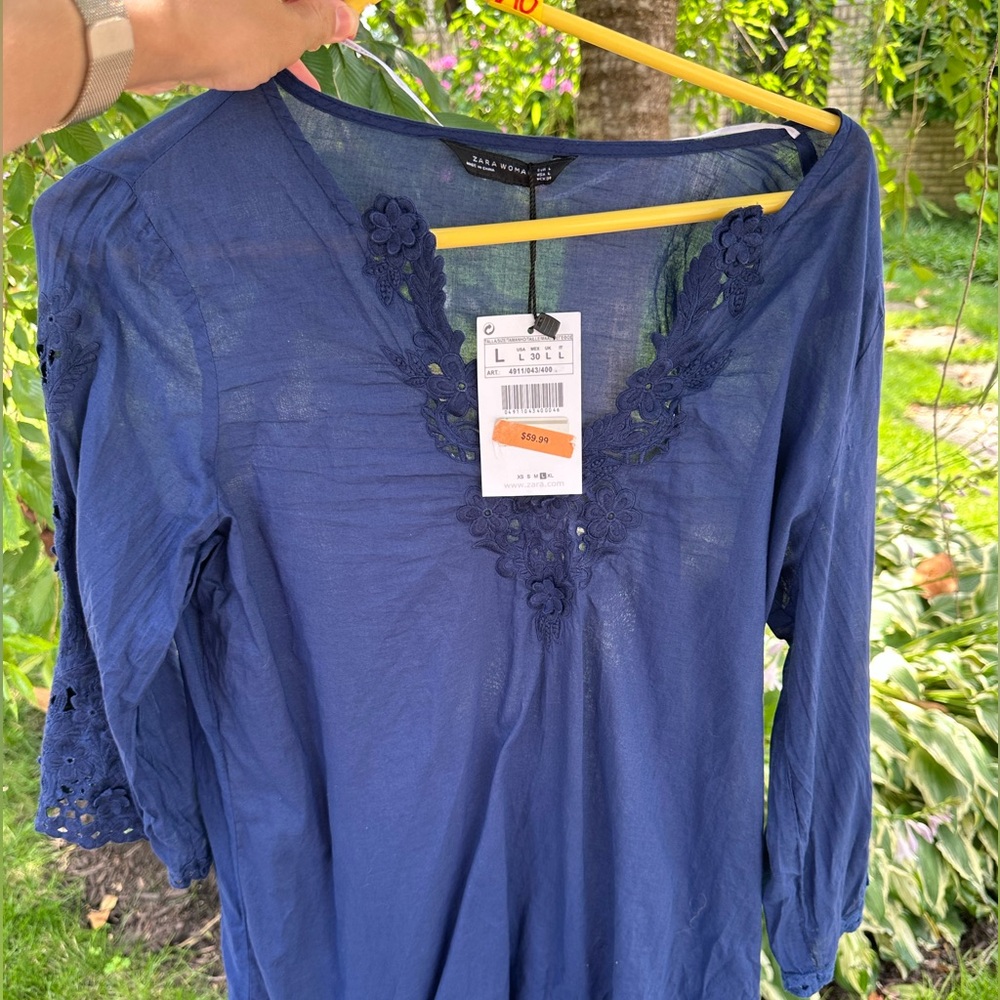 NWT Embroidered 100% Cotton Zara Navy Floral Lace Blouse